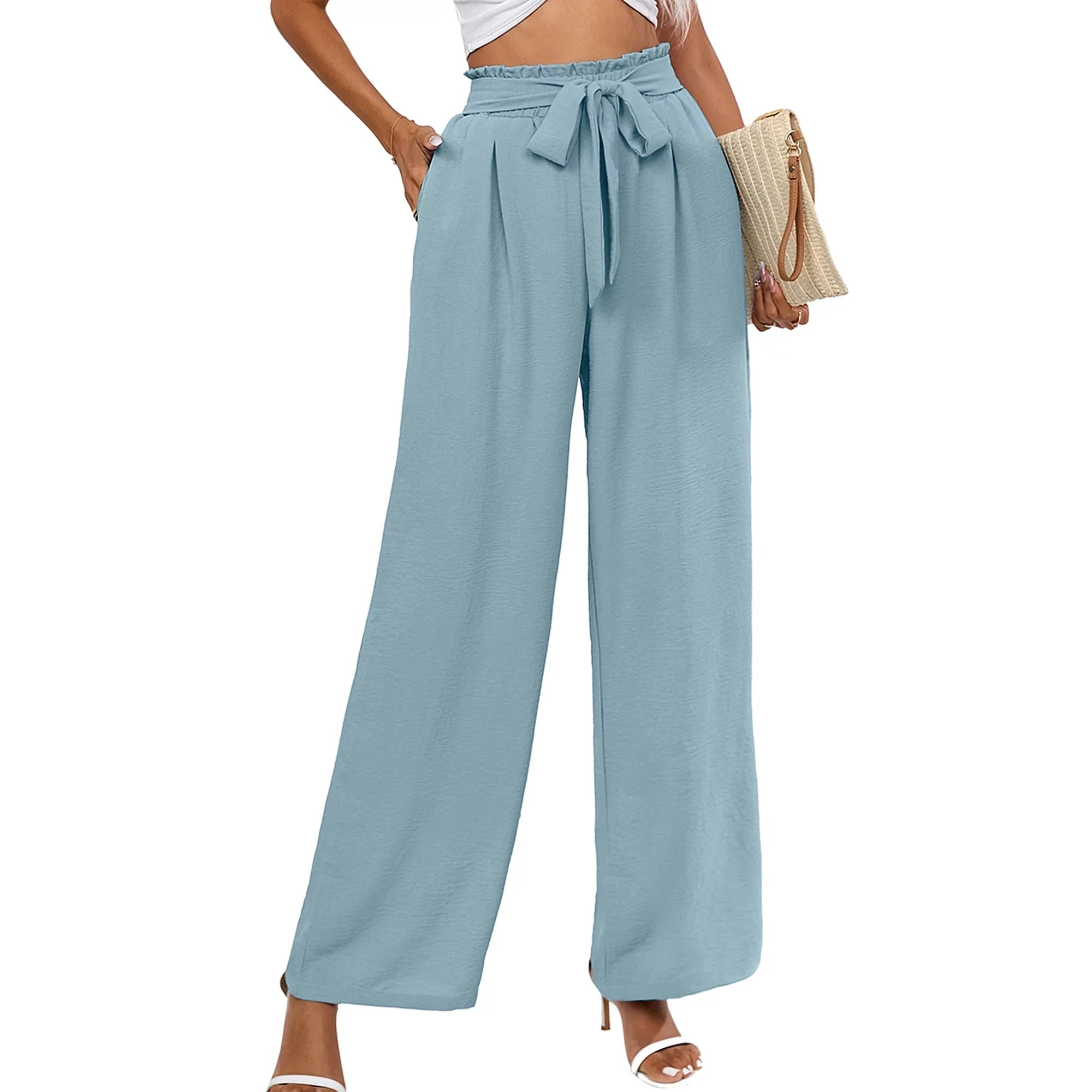 Chiclily Women's Wide Leg Pants with Pockets Lightweight High Waisted Adjustable Tie Knot Loose Trousers Flowy Summer Beach Lounge Pants, US Size Large in Blue Gray