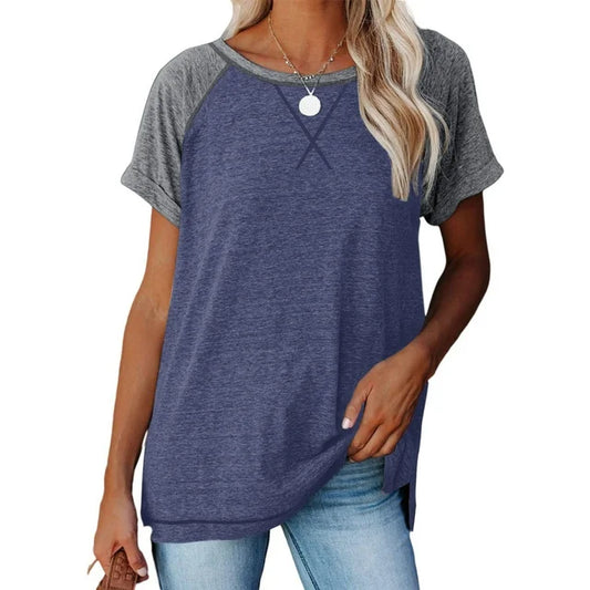 SHIBEVER T Shirts for Women Tops Summer Casual Short Sleeve Tunic Tops for Women Loose Color Block T Shirts Side Slit Crew Neck Lady Tops Blouses Gray M