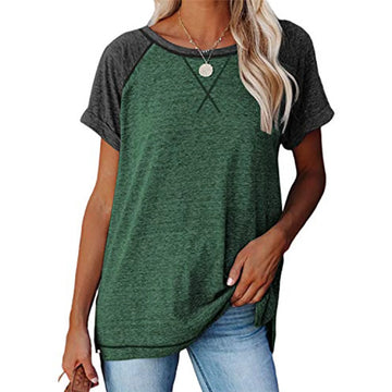 SHIBEVER T Shirts for Women Tops Summer Casual Short Sleeve Tunic Tops for Women Loose Color Block T Shirts Side Slit Crew Neck Lady Tops Blouses Gray M