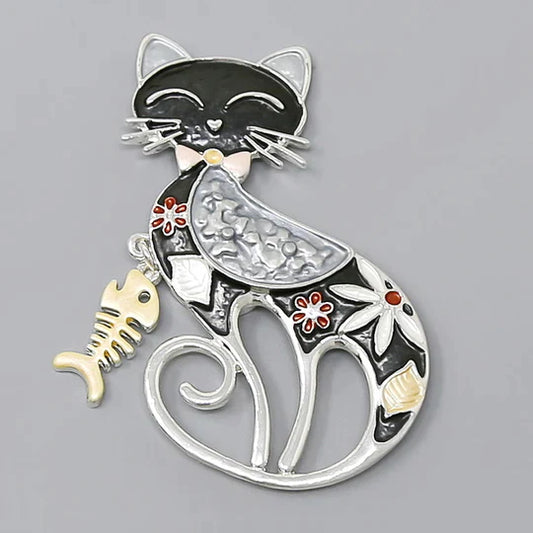 Cat With Fish Magnetic Brooch