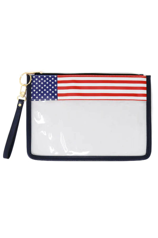 American Flag Print Transparent Wristlet Bag