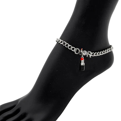 Lipstick & Heart Glass Stone Embellished Chain Fashion Anklet