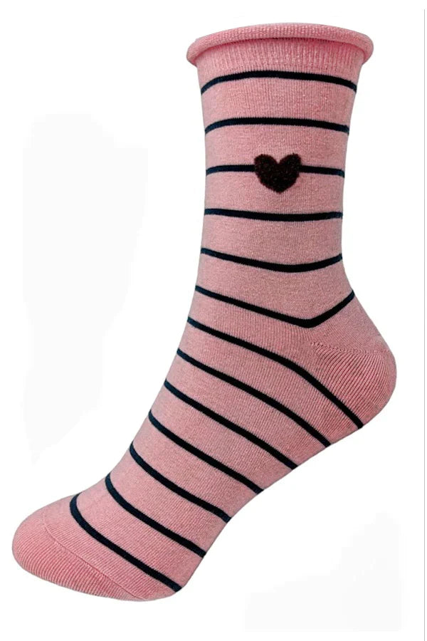 Heart Striped Cotton Crew Socks
