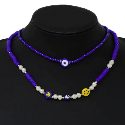 Evil Eye / Flower / Smiley Face Beaded Layered Necklace