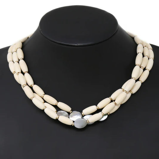 Wood And Shell Beaded Layered Necklace