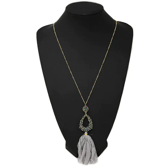 Druzy Stone / Glass Wrapped Teardrop / Fabric Tassel Pendant Long Necklace