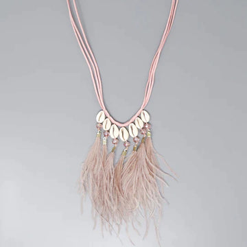 Cowrie Shell Feather Fringe Long Necklace