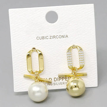 CZ Pave Pearl & Metal Bead Drop Earrings