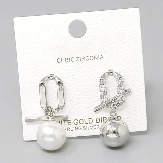 CZ Pave Pearl & Metal Bead Drop Earrings