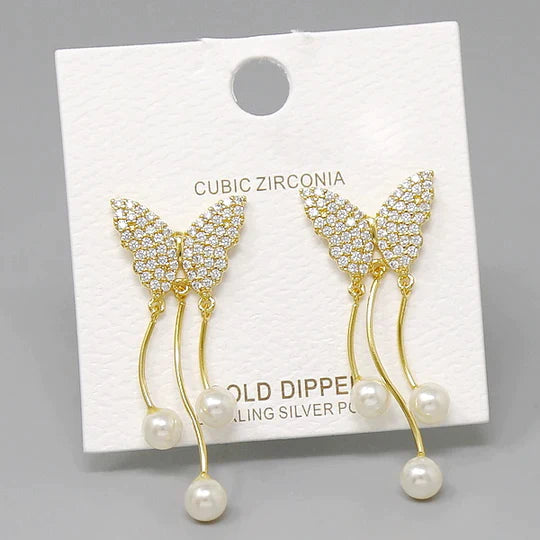 Butterfy CZ Pave Pearl Drop Earrings