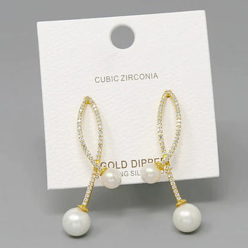 CZ Pave Pearl Detail Drop Earrings