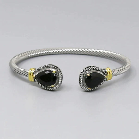 Teardrop Glass Stone Textured Metal Cuff Bracelet