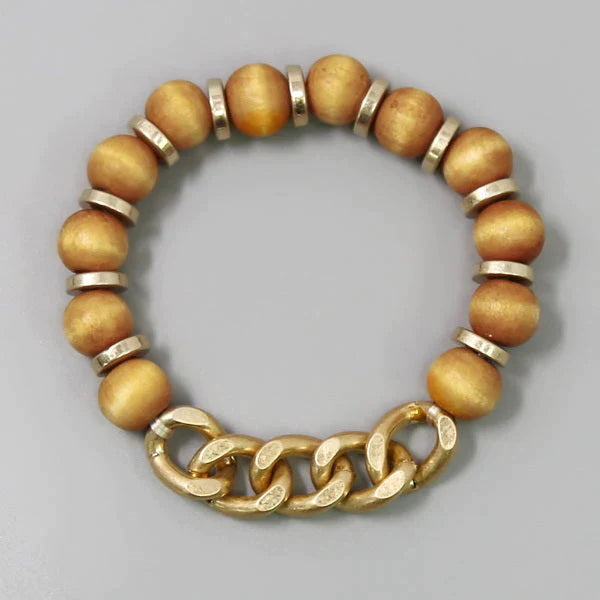 Wood Bead And Linked Chain Stretch Bracelet