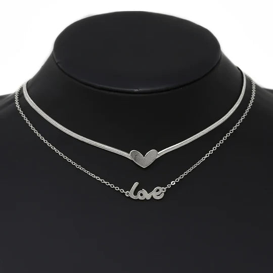 Love Script And Heart Pendant Layered Chain Short Necklace