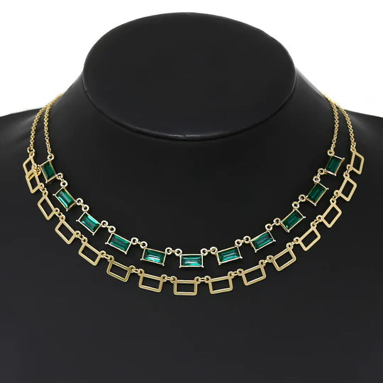 Emerald Cut Stone Layered Chain Necklace