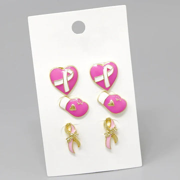 Breast Cancer Pink Ribbon Theme Stud Earring Set
