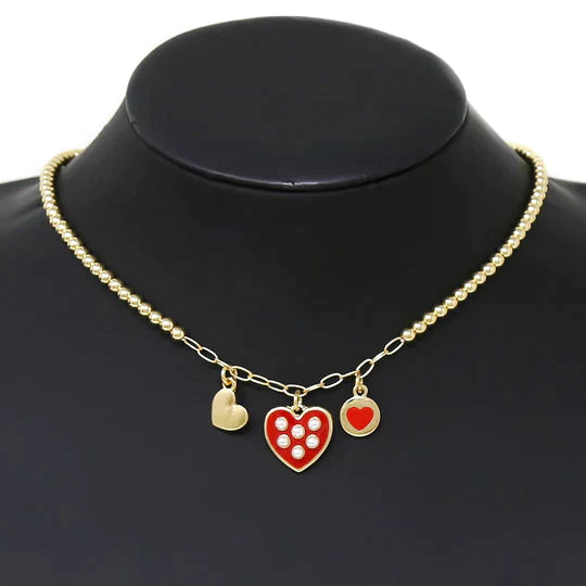 Triple Heart Pendant Metal Beaded Short Necklace