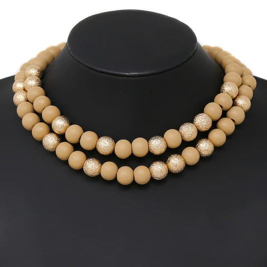 Wood And Textured Metal Beaded Layered Necklace