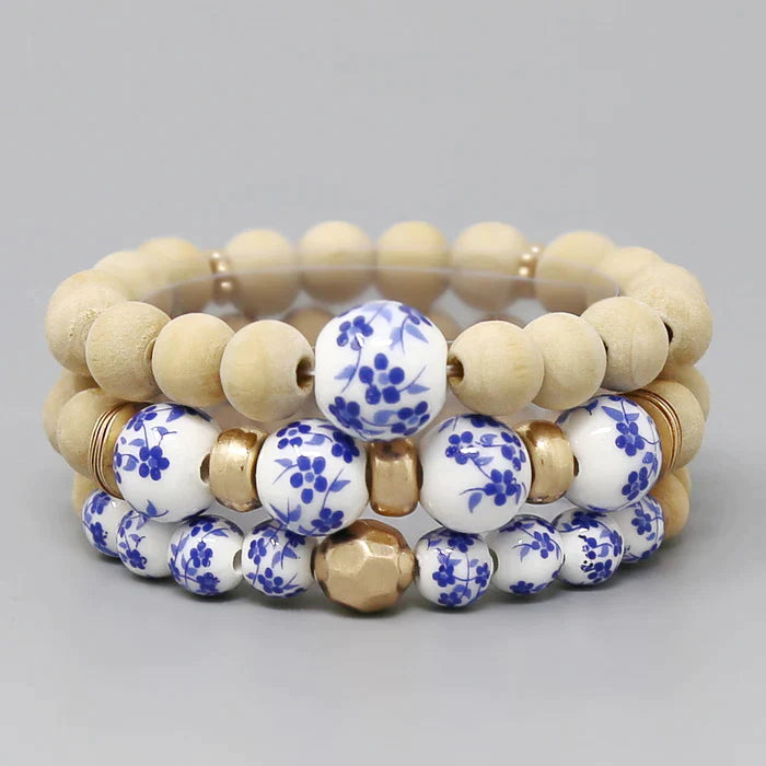 Floral Bead And Wood Beaded Stretch Bracelet Set