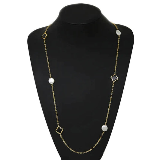 Quatrefoil Charm And Pearl Station Long Necklace