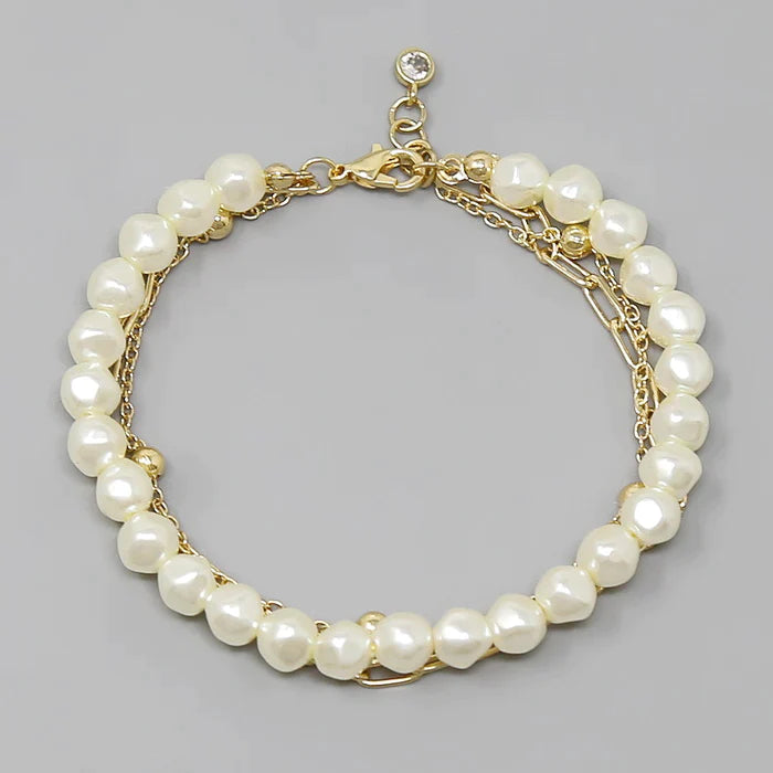 Pearl And Chain Triple Strand Gold Dipped Bracelet