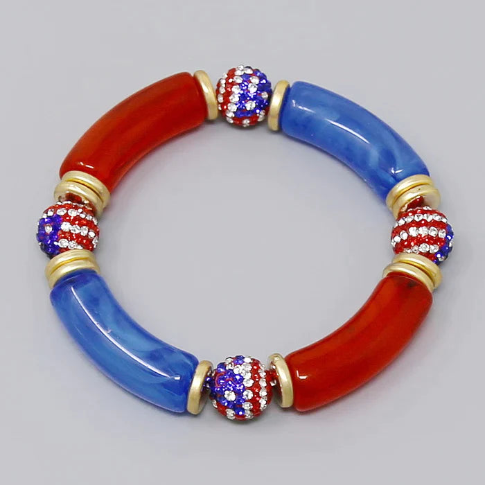 American Flag Glass Stone Pave Bead & Acetate Tube Stretch Bracelet