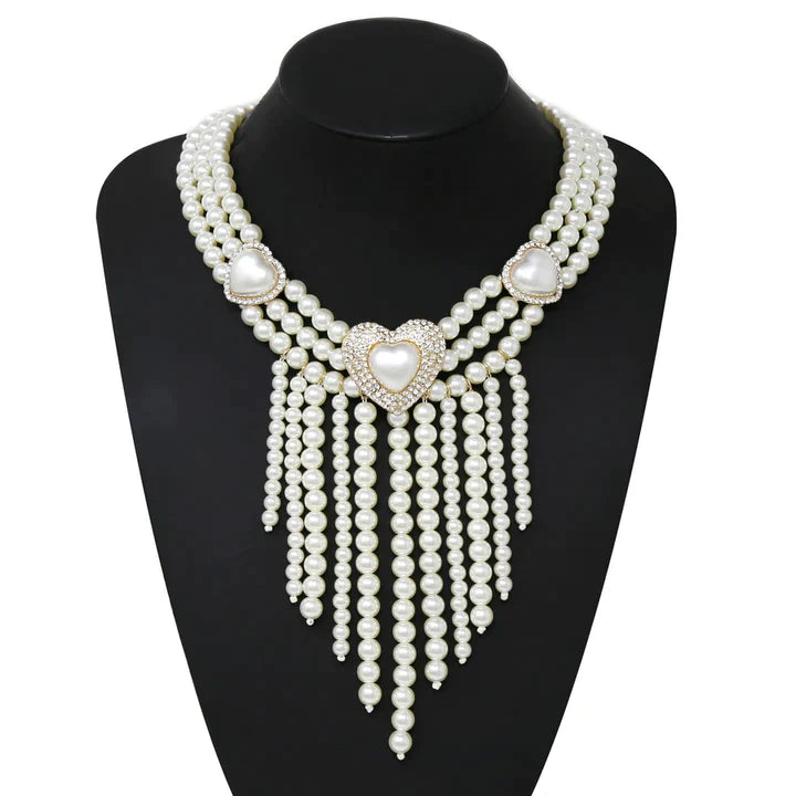 Heart Detai Pearl Fringe Statement Necklace