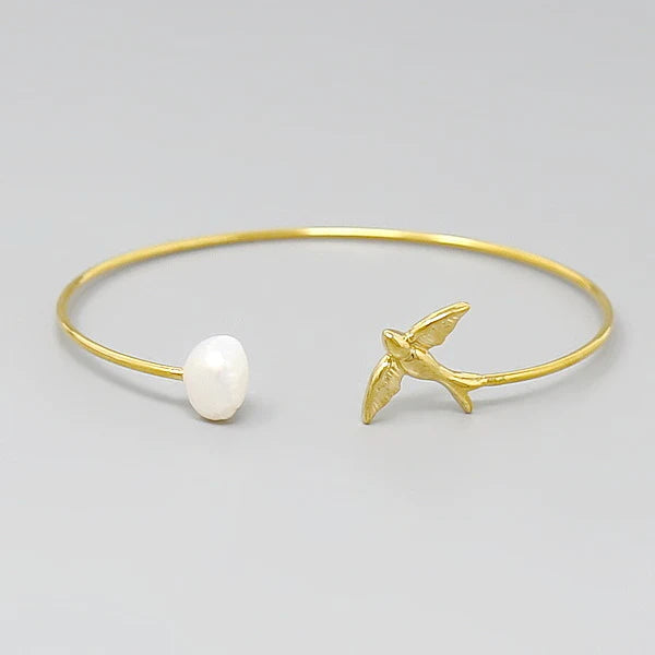 Bird & Freshwater Pearl Detail Cuff Bracelet