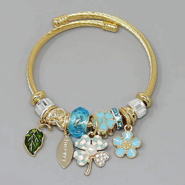 Leaf / Clover / Flower Multi Charm Textured Bangle Bracelet