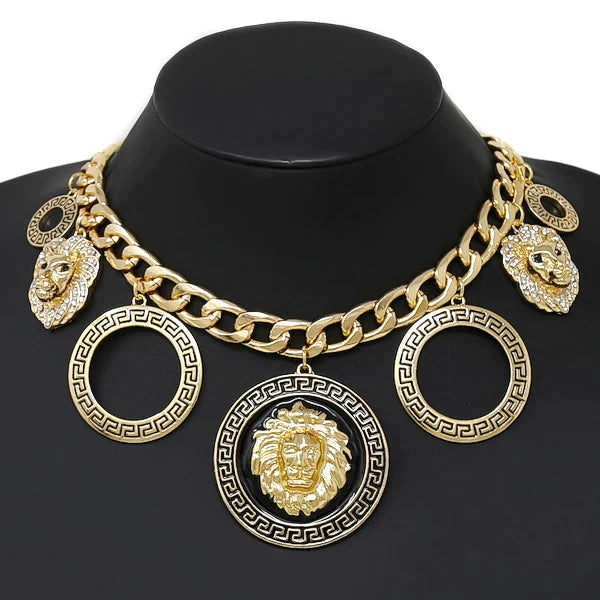 Lion Head Multi Charm Short Chain Necklace