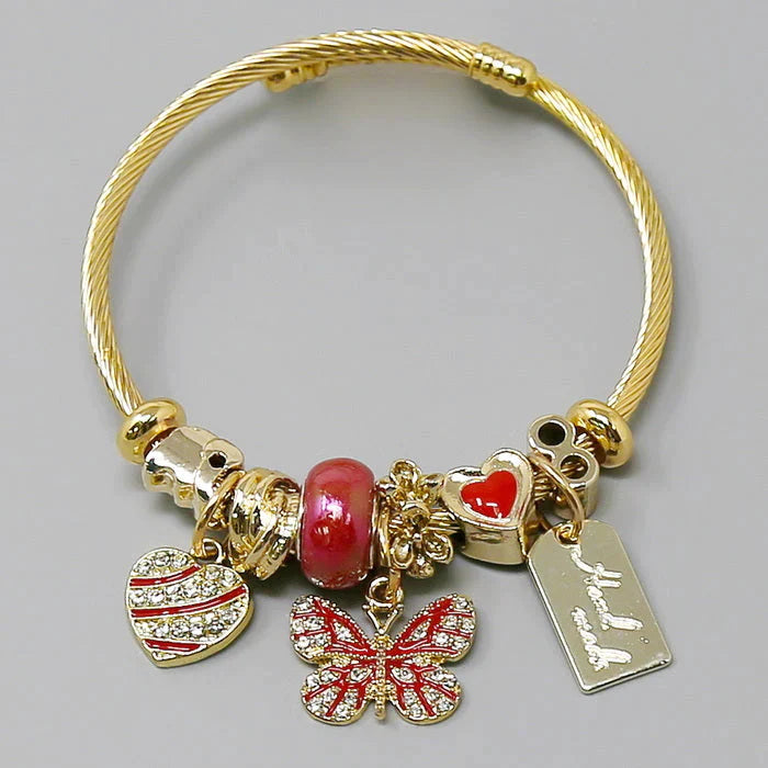 Heart And Butterfly Multi Charm Textured Bangle Bracelet