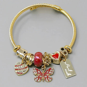 Heart And Butterfly Multi Charm Textured Bangle Bracelet
