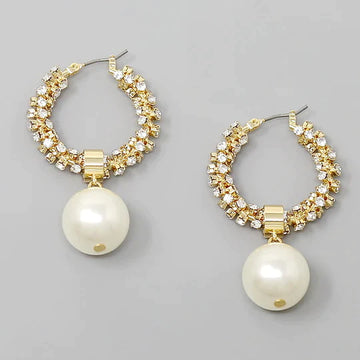 Pearl Charm Rhinestone Wrapped Hoop Earrings