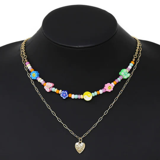 Heart Pendant Multi Charm Station Layered Necklace