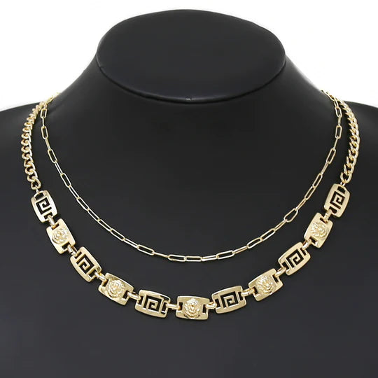 Lionhead Greek Rectangular Plate Layered Short Necklace Set