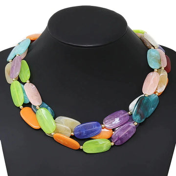 Marble Acetate Oval Plate Beaded Multi Strand Short Necklace