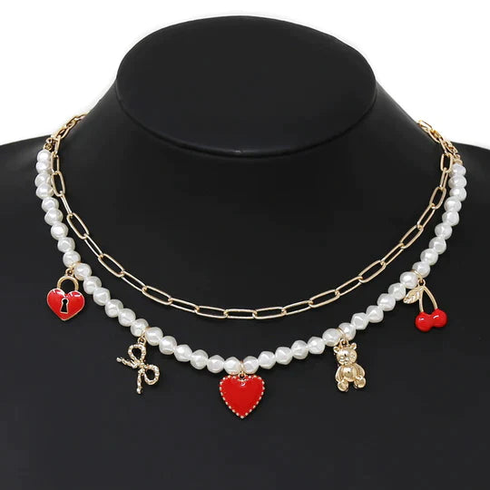 Heart Lock / Bow / Heart / Teddy Bear / Cherry Multi Charm Short Necklace