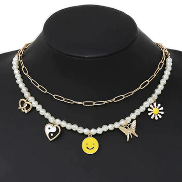Pretzel / Yin Yang Heart / Smiley Face / Butterfly / Flower Multi Charm Short Necklace