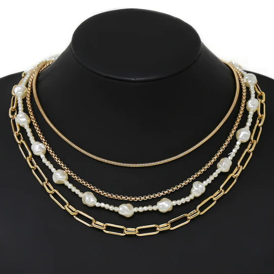 Pearl Beaded Assorted Chain Layered Necklace
