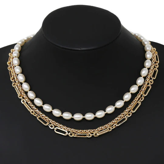 Pearl Beaded Wheat Chain Layered Necklace