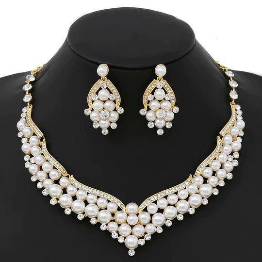 Pearl & Glass Stone Pave Statement Necklace Set