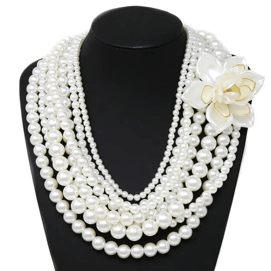 Flower Detail Pearl Beaded Layered Necklace