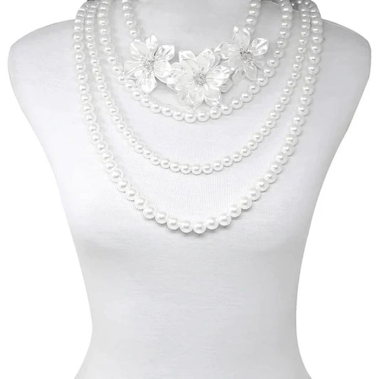 Flower Station Pearl Beaded Multi Strand Layered Long Necklace
