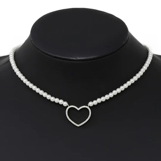 CZ Pave Heart Pendant Pearl Beaded Short Necklace