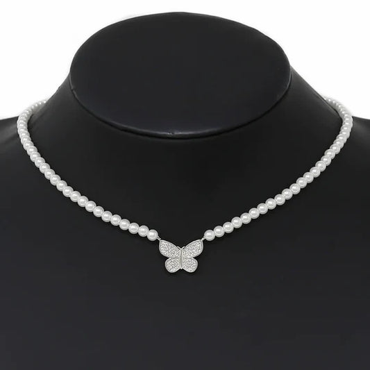 CZ Pave Butterfly Pendant Pearl Beaded Short Necklace