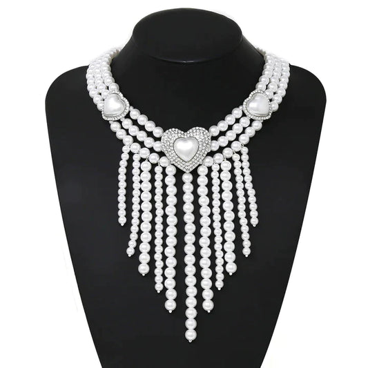 Heart Detai Pearl Fringe Statement Necklace