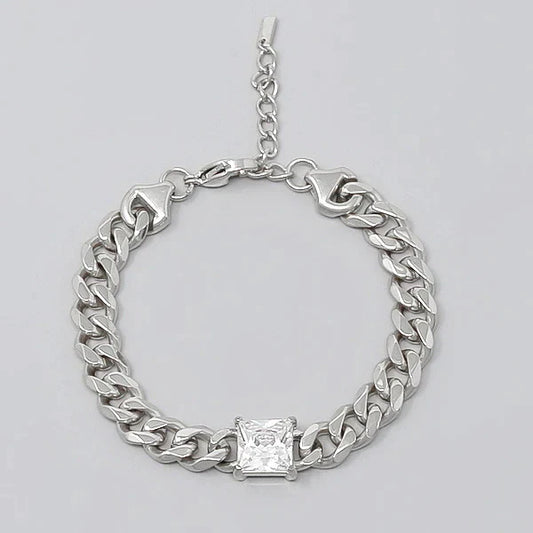 Square CZ Stone Detail Stainless Steel Curb Chain Bracelet