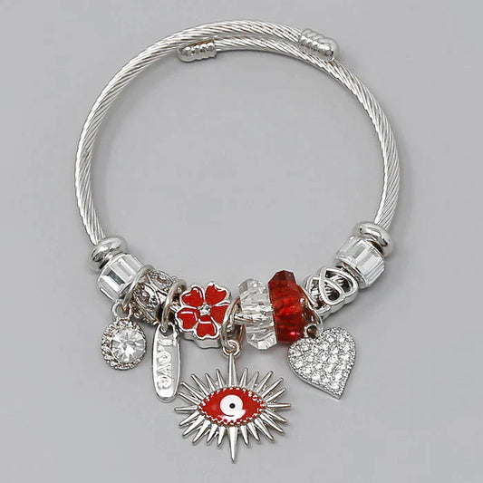 Evil Eye & Heart Multi Charm Textured Bangle Bracelet