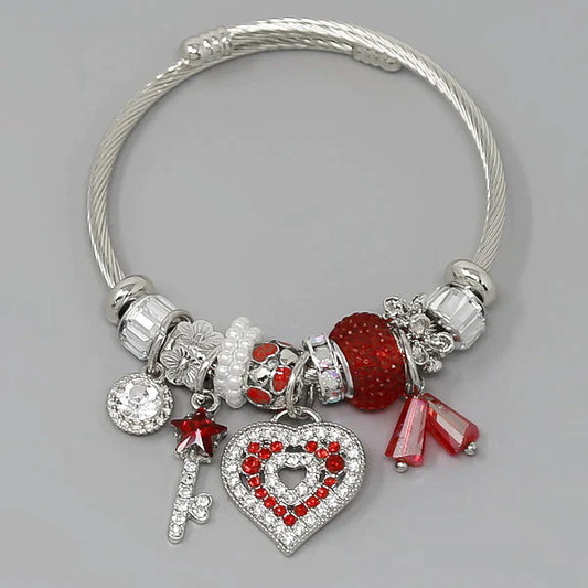 Key & Heart Multi Charm Textured Bangle Bracelet