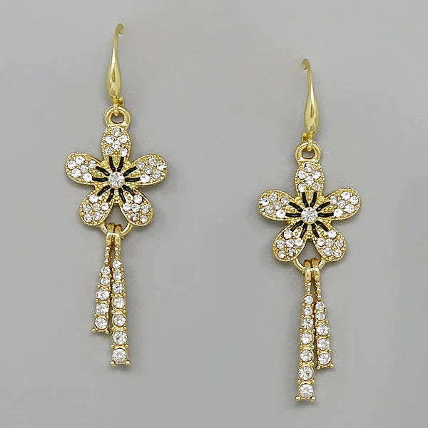 Flower Glass Stone Pave Drop Earrings